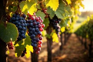 vides y uvas en viñedo. comercial apelar. Perfecto para otoño bebida ventas. ai generativo foto