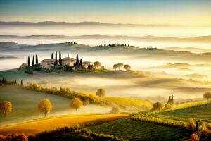 otoñal francés italiano Español país paisaje con colinas arboles distante aldea. comercial apelar. amplio texto espacio. ai generativo foto