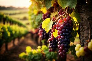 Vines and grapes in vineyard. Commercial appeal. Perfect for autumn beverage sales. AI Generative photo