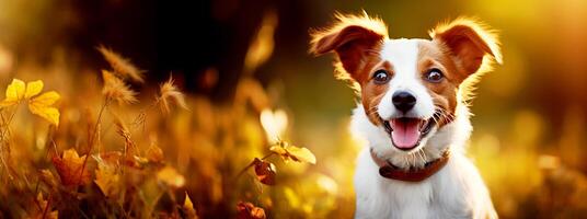 Commercial autumn dog banner, 32 9 ratio, photographic. Naturally blurred backdrops. Suited for text overlay. photo