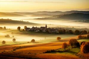 Autumnal French Italian Spanish Country Scenery with Hills Trees Distant Village. Commercial appeal. Ample text space. AI Generative photo