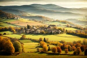 otoñal francés italiano Español país paisaje con colinas arboles distante aldea. comercial apelar. amplio texto espacio. ai generativo foto