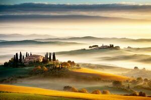 Autumnal French Italian Spanish Country Scenery with Hills Trees Distant Village. Commercial appeal. Ample text space. AI Generative photo