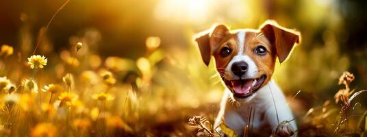 Commercial autumn dog banner, 32 9 ratio, photographic. Naturally blurred backdrops. Suited for text overlay. photo