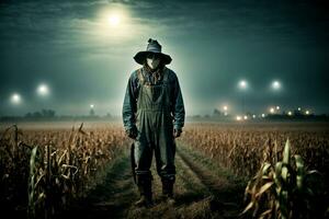 Halloween graphics. malevolent scarecrow takes center stage, set against a backdrop of withering fields and a full moon. AI Generative photo