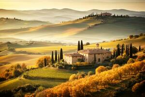 otoñal francés italiano Español país paisaje con colinas arboles distante aldea. comercial apelar. amplio texto espacio. ai generativo foto