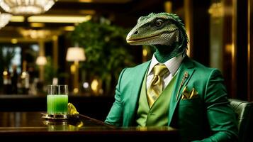 antropomórfico serie - un de buen tono dandociraptor colgando fuera a un de buen tono hotel bar, teniendo un cóctel - ai generativo foto