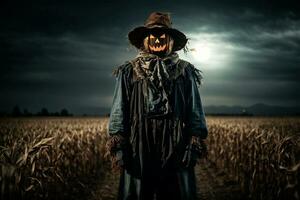 AI Generative Halloween graphics. malevolent scarecrow takes center stage, set against a backdrop of withering fields and a full moon. photo