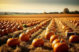 Lovely Serene Autumnal Pumpkin Patch. Commercial appeal. Ample text space. AI Generative photo