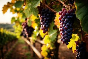 vides y uvas en viñedo. comercial apelar. Perfecto para otoño bebida ventas. ai generativo foto