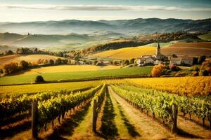 francés italiano Español viñedo paisaje con distante edificios casas iglesia. comercial apelar. amplio texto espacio. ai generativo foto