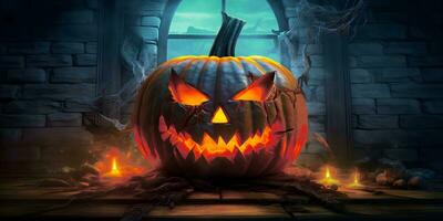 Scary carved glowing pumpkin. Horror banner or greeting card with Halloween holiday. AI generative photo