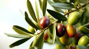 Close-up branch of olive tree on white background. Generative AI photo