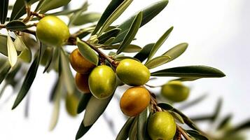 Close-up branch of olive tree on white background. Generative AI photo