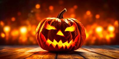 Carved glowing pumpkin on a wooden table with blurred bokeh background. Background banner or greeting card with Halloween holiday. AI generative photo