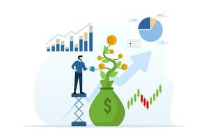 Investment growth concept, increasing wealth from stock market or trading, growing money to gain profit from savings, mutual funds or assets, businessman throws money with increasing financial graph. vector