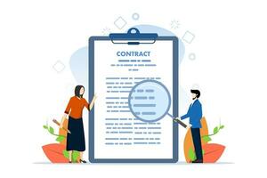 Contract concept in hand. While holding a magnifying glass, study the terms of the agreement. Signing business documents. Examination of legal documents. Successful deal. vector design illustration.