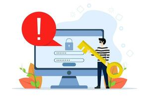 Cyber security concept. hackers try to attack and steal personal data from computer symbols. protect your personal data. network security systems, theft of personal data. flat vector illustration.