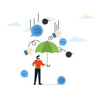 Concept of handling business criticism, negative feedback, managing boss mistakes, pressure, failure or embarrassing mistake, businessman holding strong umbrella to protect from negative feedback. vector