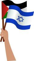 Palestine Israel relation concept. Hand holding a flags Palestine and Israel in flat style isolated on white background. Stop war concept vector