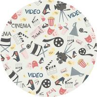 Colorful vector hand drawn set of Cinema cartoon doodle objects, symbols and items. Round frame composition from movie elements