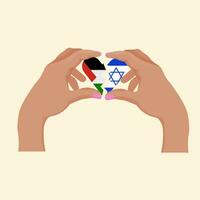 unity concept. heart shape icon with israel and palestine flags in hands. vector illustration.