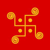 Hinduism holy symbol Haldi Swastik on Red kumkum background. vector