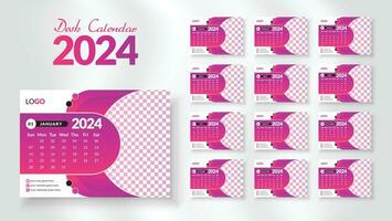 2024 new year desk calendar design template, Modern and nipque layout desk calendar set of 12 month. week starts on Sunday. vector