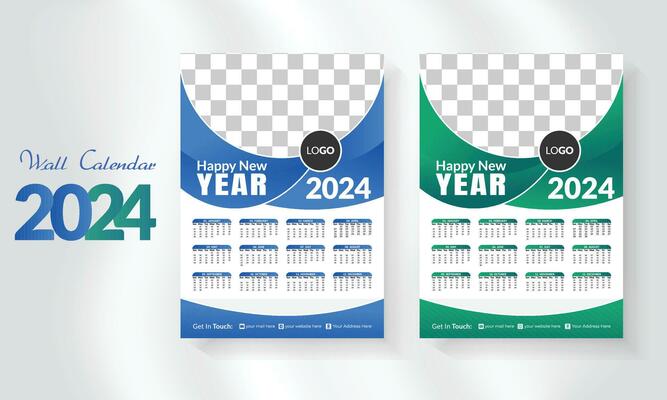 2024 happy new year calendar template set. modern and creative layout wall calendar set of 12 month template. minimalist template or calender a4 layout design.  week start on sunday.