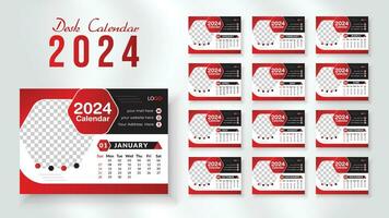 2024 nuevo año escritorio calendario diseño plantilla, moderno y nipque diseño escritorio calendario conjunto de 12 mes. semana empieza en domingo. vector