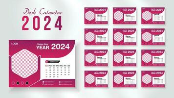 2024 new year desk calendar design template, Modern and nipque layout desk calendar set of 12 month. week starts on Sunday. vector