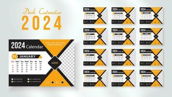 2024 new year desk calendar design template, Modern and nipque layout desk calendar set of 12 month. week starts on Sunday. vector