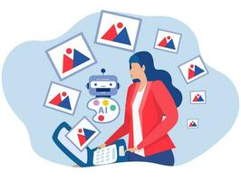 Businesswoman AI prompt engineer or AI chatbot to create a text or an image Prompt engineering of using artificial intelligence and photo processing vector