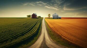 2 granjas dividido por un la carretera ai generado foto