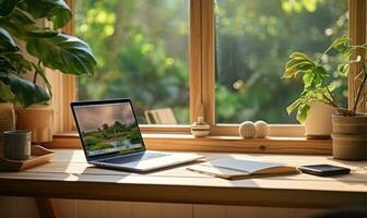 un sereno hogar oficina preparar en un de madera escritorio ai generado foto