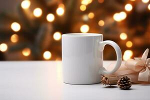 blanco blanco cerámico taza, con acogedor resplandeciente antecedentes ai generado foto