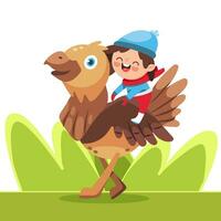 Vector illustration of a boy riding a bustard in a cute cartoon style.