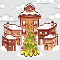 Vector nice Christmas cityscape with Christmas tree in cartoon style.