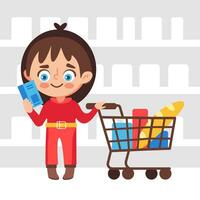 vector ilustración de un niña con un carro haciendo compras en un Tienda en un linda dibujos animados estilo.