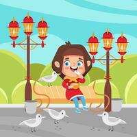 Vector illustration of a girl and seagulls on a bench in a cute cartoon style.