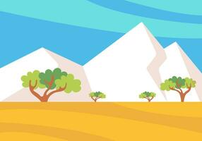 Vector illustration of mountains, field and trees in cute cartoon style.