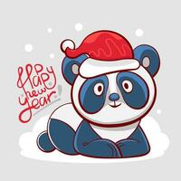 Vector greeting sticker with cute panda and Happy New Year lettering. This character is suitable for animation.