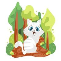 Vector illustration of a cat in the forest in a cute cartoon style.