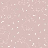 Seamless vector pattern of drawn rabbits, eggs and flowers. Simple pink outline illustration. For fabric, wrapping paper, bedding, wallpaper.