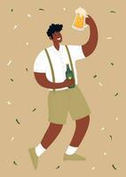 A black man is holding a glass and a bottle of beer. A man is having fun at a party. Flat vector illustration.