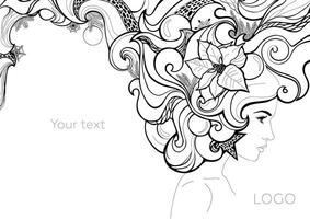 winter woman with hair made of snowflakes, fir branches, Christmas decorations and poinsettia. vector