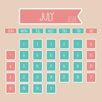 July 2024 monthly calendar design with thin font where week starts from sunday vector