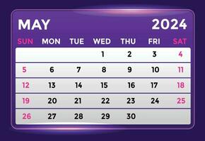 May 2024 Monthly Modern Calendar Design With Shiny Glow in Purple Shade vector