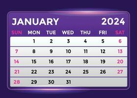 January 2024 Monthly Modern Calendar Design With Shiny Glow in Purple Shade vector