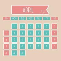 April 2024 monthly calendar design with thin font where week starts from sunday vector